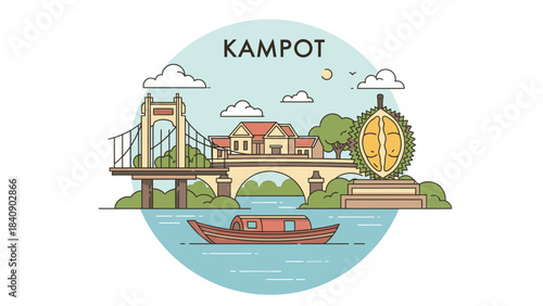 Kampot Scenery Vector Illustration with Bridge, River, and Durian Landmark, Perfect for Tourism Materials