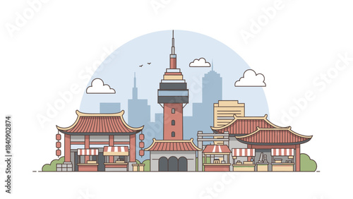 Chinatown Inspired Cityscape Illustration with Traditional Architecture and Modern Tower