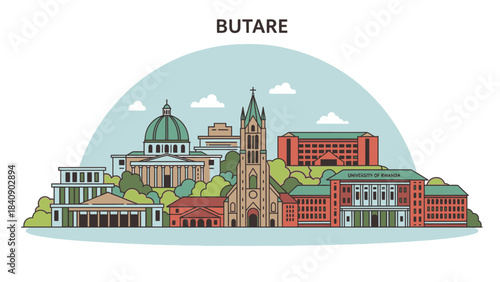 Butare Rwanda Cityscape Illustration Skyline with Landmarks and Architecture