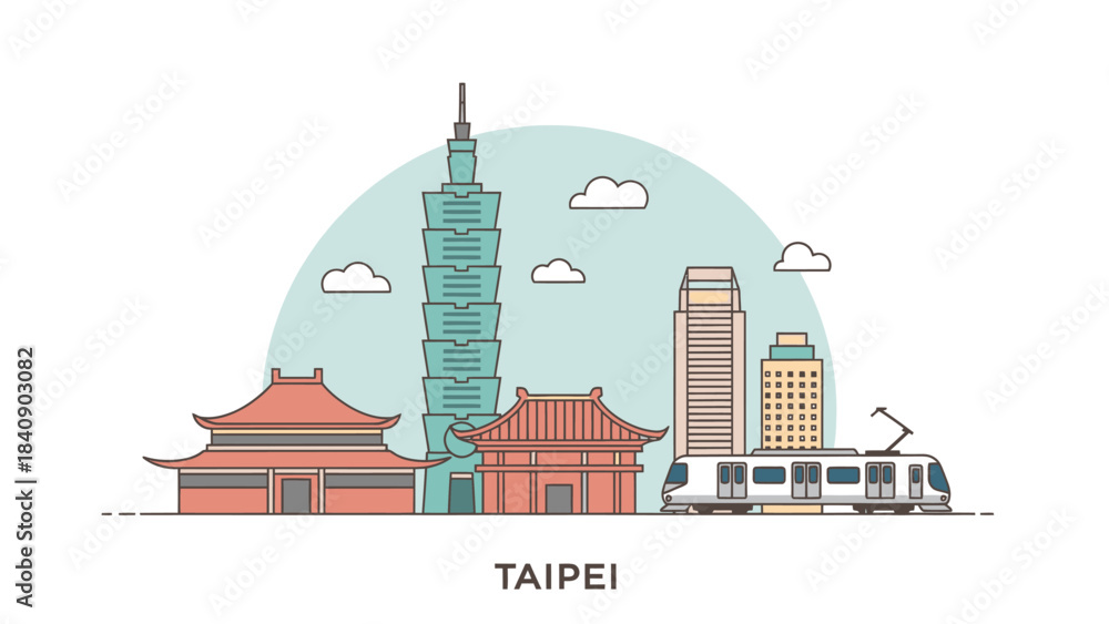 Naklejka premium Taipei Skyline Illustration with Modern Train and Cultural Landmarks in Flat Vector