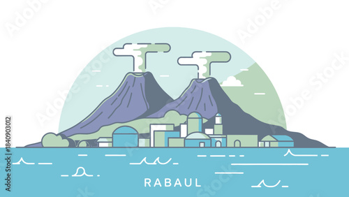 Rabaul's Volcanic Landscape A Vector Illustration of Coastal Architecture Amidst the Towering Smoking Peaks