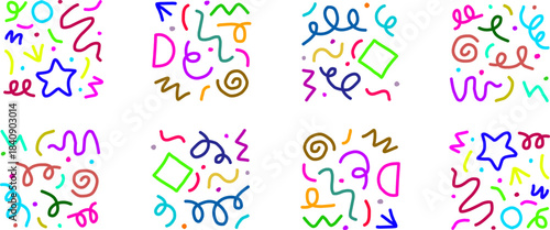 Vibrant abstract doodle pattern with colorful squiggles, stars, spirals, and geometric shapes creating a playful seamless background design artwork.
