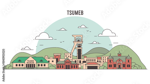 Panoramic Illustration of Tsumeb Town, Namibia A Picturesque Mining Town with Cultural Heritage