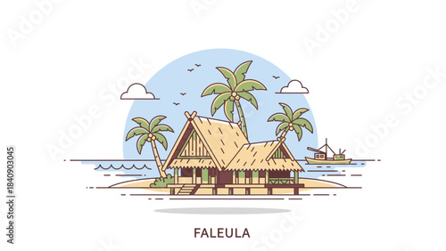 Scenic Fale Ula on a Tropical Island with Palm Trees, Fishing Boat, and Traditional Samoan Architecture