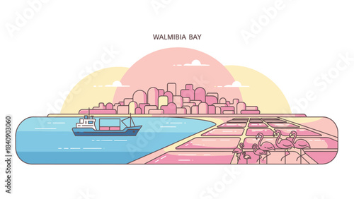 Walvis Bay, Namibia Illustration Tranquil Coastal Scene with Cityscape, Salt Pans and Graceful Flamingos