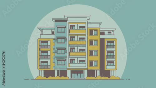 Apartment Building Facade with Balconies, Balustrades and Window Design in Linear Retro Style Illustration