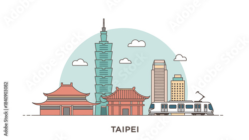 Taipei Skyline Illustration with Modern Train and Cultural Landmarks in Flat Vector