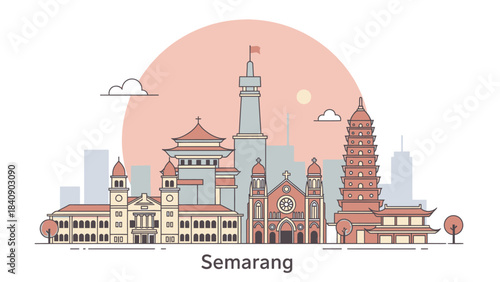 Semarang Cityscape Illustration Explore the Landmarks and Architecture of Indonesia's Coastal Metropolis