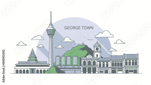 George Town Malaysia Skyline Illustration with Landmark Buildings and Greenery