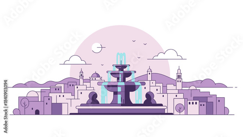 Urban Oasis A Vector Illustration of a Fountain Amidst a Cityscape Under a Soft Sun