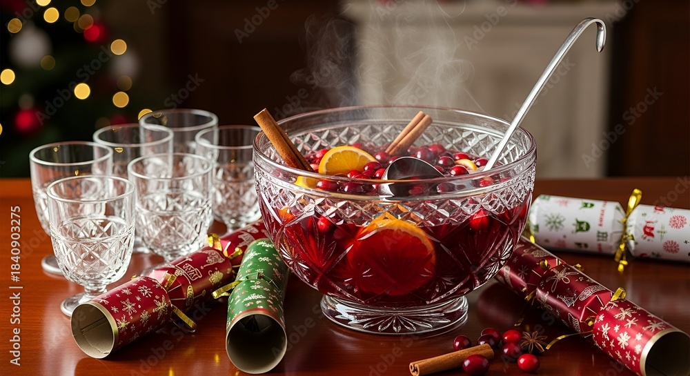 Fototapeta premium Steaming crimson punch, infused with citrus and spice, awaits in a crystal bowl surrounded by