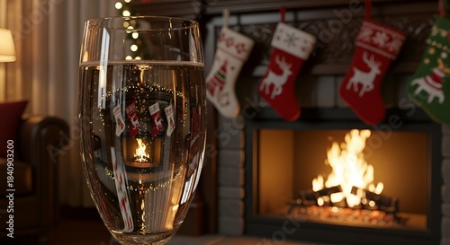 A sparkling champagne flute captures the warm, inviting glow of a Christmas fireplace and festive