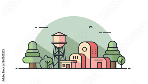 Whimsical Townscape Illustration Water Tower and Quaint Buildings Amidst Serene Foliage in a Light Green Hued Scene