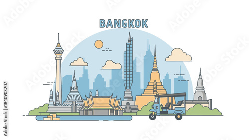 Bangkok Skyline Vector Illustration Thailand's Capital City Landscape with Temples and Modern Buildings