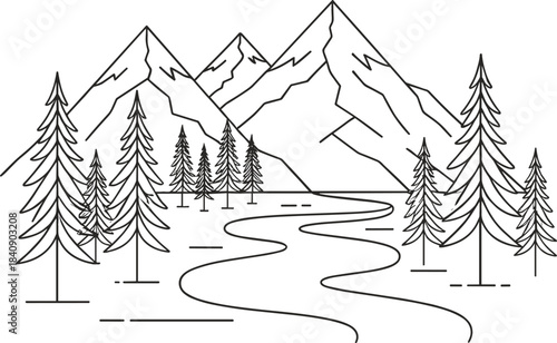 Minimalist line art vector of a mountainous landscape with pine trees and a winding river, symbolizing nature, wilderness, travel, and outdoor adventure design.