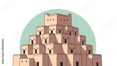 Minimalist Adobe Building Structures Against a Light Blue Circle Background Design