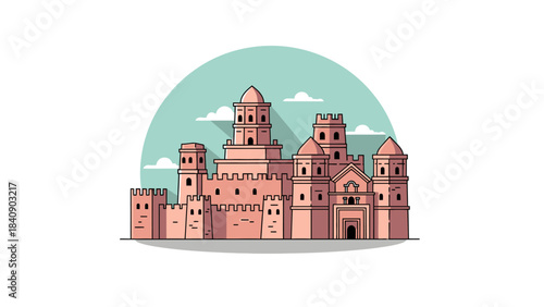 Historical Castle Illustration with Towers, Walls, and Arches in a Whimsical Style. Ready to be added to a website or personal project