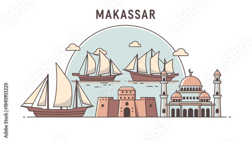 Makassar Skyline Illustration Fort Rotterdam, Amirul Mukminin Mosque, and Phinisi Boats