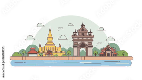 Vientiane, Laos skyline illustration Landmark architecture, serene water view, and lush greenery under a cloudy sky