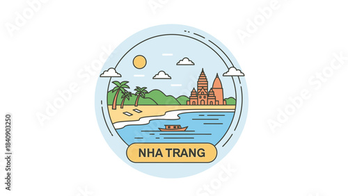 Nha Trang Coastal Resort Illustration Palm Trees, Beach, Sea, Boat, Pagodas, and Sunny Sky in Circle Icon