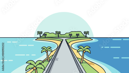 Tropical Island Road Serene Journey with Palm Trees and Clear Ocean Waters in Illustration