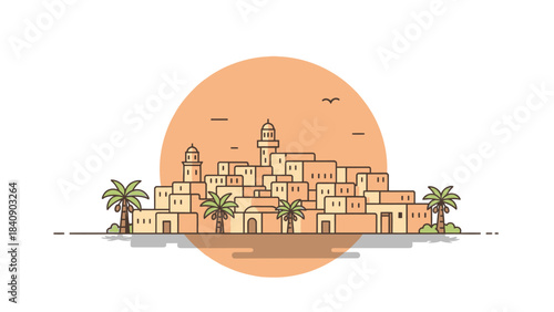 Oasis Townscape Desert Village with Palm Trees in Minimalist Style and Earthy Tones
