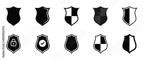 Verification badge shields icon set. Shield shaped badge icons ideal for verified accounts, approval marks, authentication and trust indicators. Vector illustration. EPS 10