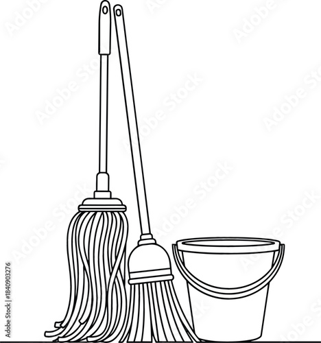 Minimalist line art vector of cleaning tools including a mop, broom, and bucket, symbolizing hygiene, housekeeping, sanitary maintenance, and cleaning services.