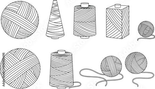 Sewing thread and yarn line art illustration set with spools balls and skeins, hand drawn outline vector elements for craft and textile designs