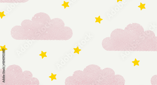 A gentle, whimsical seamless pattern displaying soft pink clouds and cheerful yellow stars scattered across a clean white background, creating a dreamy aesthetic.