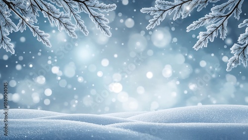 Winter landscape with snowy branches and bokeh