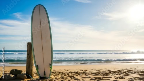 Surfboard standing upright on a golden sandy beach with ocean waves under a bright sunny sky.