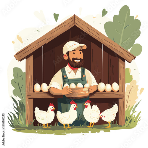 Joyful farmer gathering fresh eggs from hens in a quaint wooden coop, embodying wholesome agricultural life and natural abundance , vector style simple color