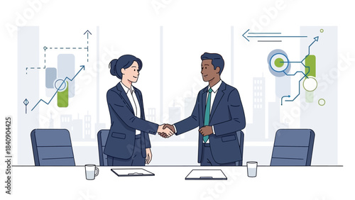 Two business professionals shaking hands in a modern office, symbolizing partnership and agreement.