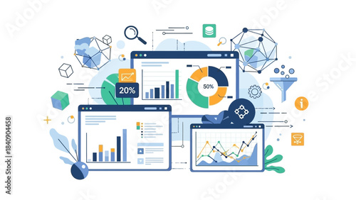 Data analysis and business intelligence concept with various charts, graphs, and screens displaying statistical information.