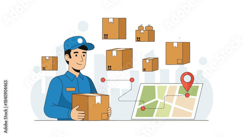 A delivery man with packages and a map showing a delivery route.