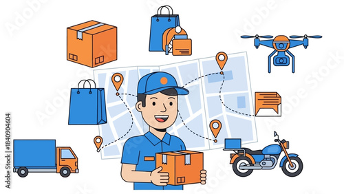 Delivery service concept with a courier, various transport methods, and a route map.