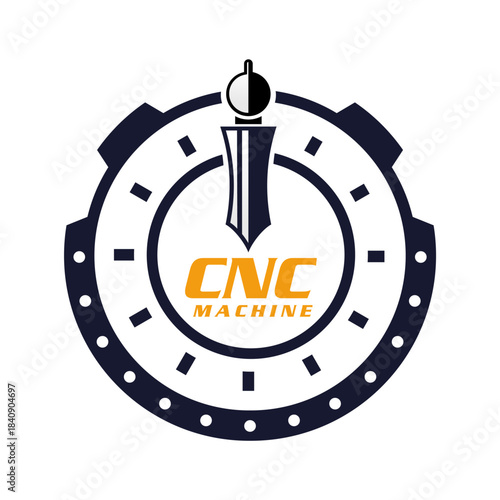 CNC Machine Logo with Gear and Cutting Tool Symbol.