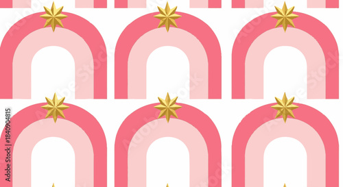 A charming seamless pattern featuring soft pink rainbows adorned with sparkling golden stars, creating a whimsical and festive background.