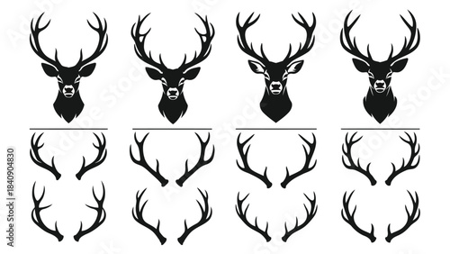 Black deer head and antler silhouettes on white background