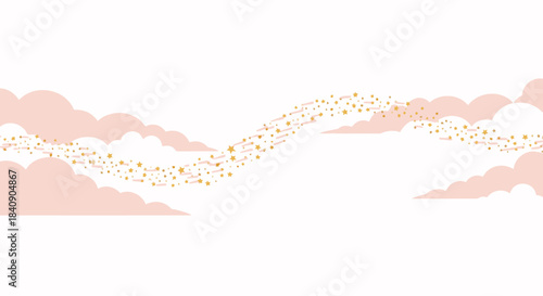 A whimsical trail of golden glitter and stars gracefully flows between soft pastel pink clouds, creating a magical and dreamy ethereal background.