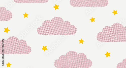 A charming seamless pattern featuring soft pink clouds and bright yellow stars scattered across a gentle white background, ideal for children's designs.