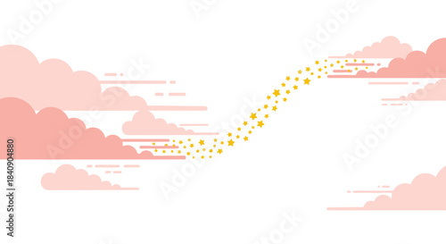 An ethereal stream of golden stars arcs gracefully between soft pink clouds, symbolizing connection, progress, and the magical journey towards future aspirations.