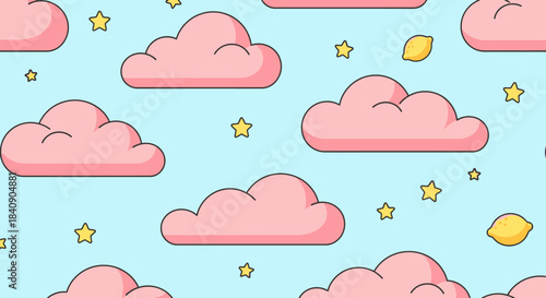 A charming seamless pattern features whimsical pink cartoon clouds, twinkling yellow stars, and subtle lemon accents against a soft blue sky, perfect for children's designs.