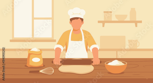 "Baker Making Pastries"
Flat vector baker rolling dough, baking tools around (rolling pin, flour bag, whisk), warm soft colors, minimal kitchen setting.