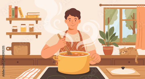 "Cook Stirring Soup Pot"
Flat vector cook standing next to a large pot, steam rising in soft curves, cozy kitchen backdrop, friendly warm tones.