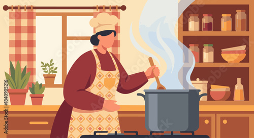 "Cook Stirring Soup Pot"
Flat vector cook standing next to a large pot, steam rising in soft curves, cozy kitchen backdrop, friendly warm tones.