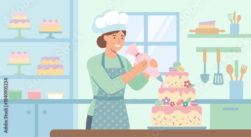 "Pastry Chef Decorating Cake"
Flat vector pastry chef adding icing with a piping bag, cute cake decorations, pastel bakery environment.