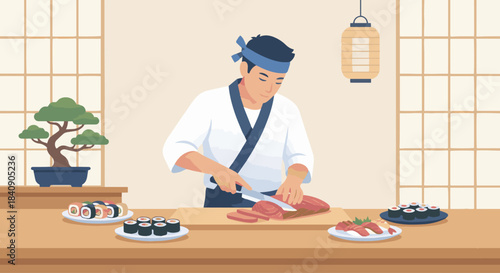 "Sushi Chef at Work"
Flat vector sushi chef slicing fish, sushi rolls on counter, clean Japanese-inspired minimal design, simple shapes, soft gradients.