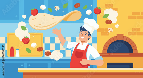 "Pizza Chef Tossing Dough"
Flat vector pizza chef flipping dough in the air, pizza ingredients floating around (tomatoes, cheese, basil), bright cheerful colors.